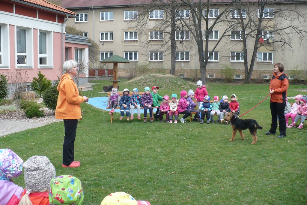 Děti sedí na lavičkách a poslouchají.