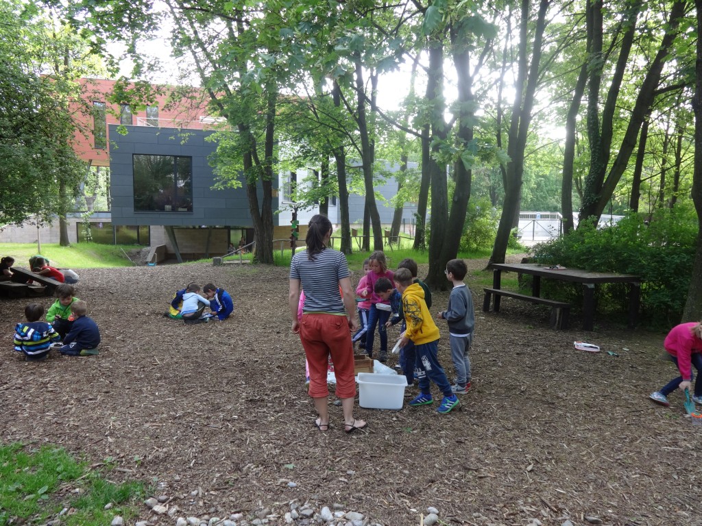 Děti si hrají v lese.