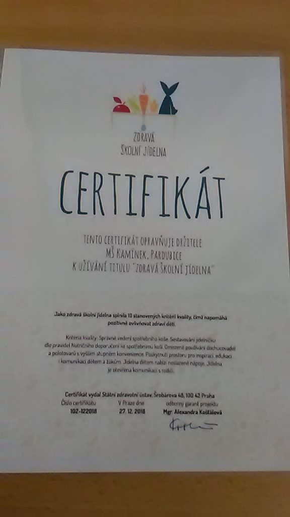 Certifikát zdravá školní jídelna.